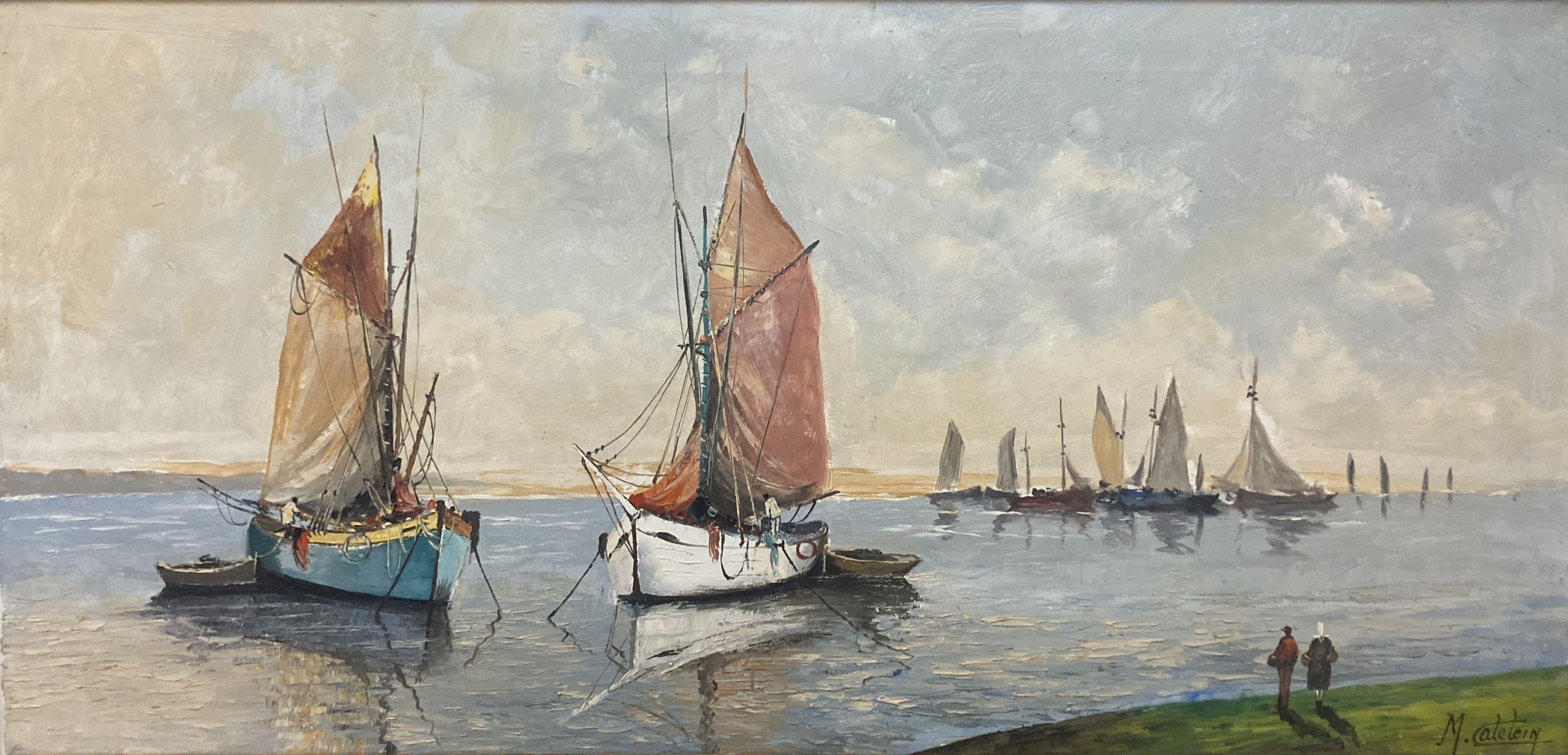Marcel Catelein (French, 1907-), oil on canvas, fishing boats along the coast, signed, 47 x 99 cm.